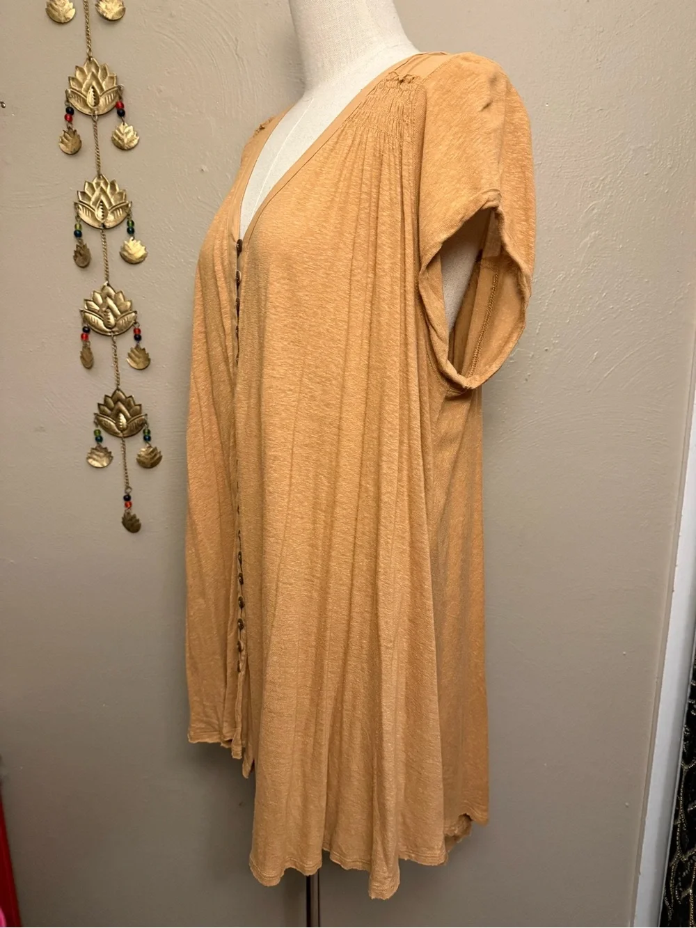 Free People Highland Oversized Boho Linen Camel Tan Tank Blouse Size Large